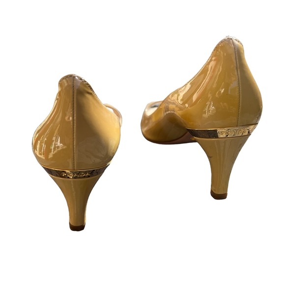 PRADA Patent Leather Yellow Peep Toe Heel w/Signature Gold Tone Plate - Picture 3 of 13